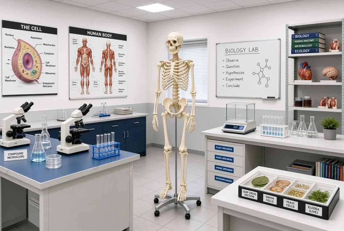 A biology laboratory with so many biological equipments, including microscopes, test tubes etc.