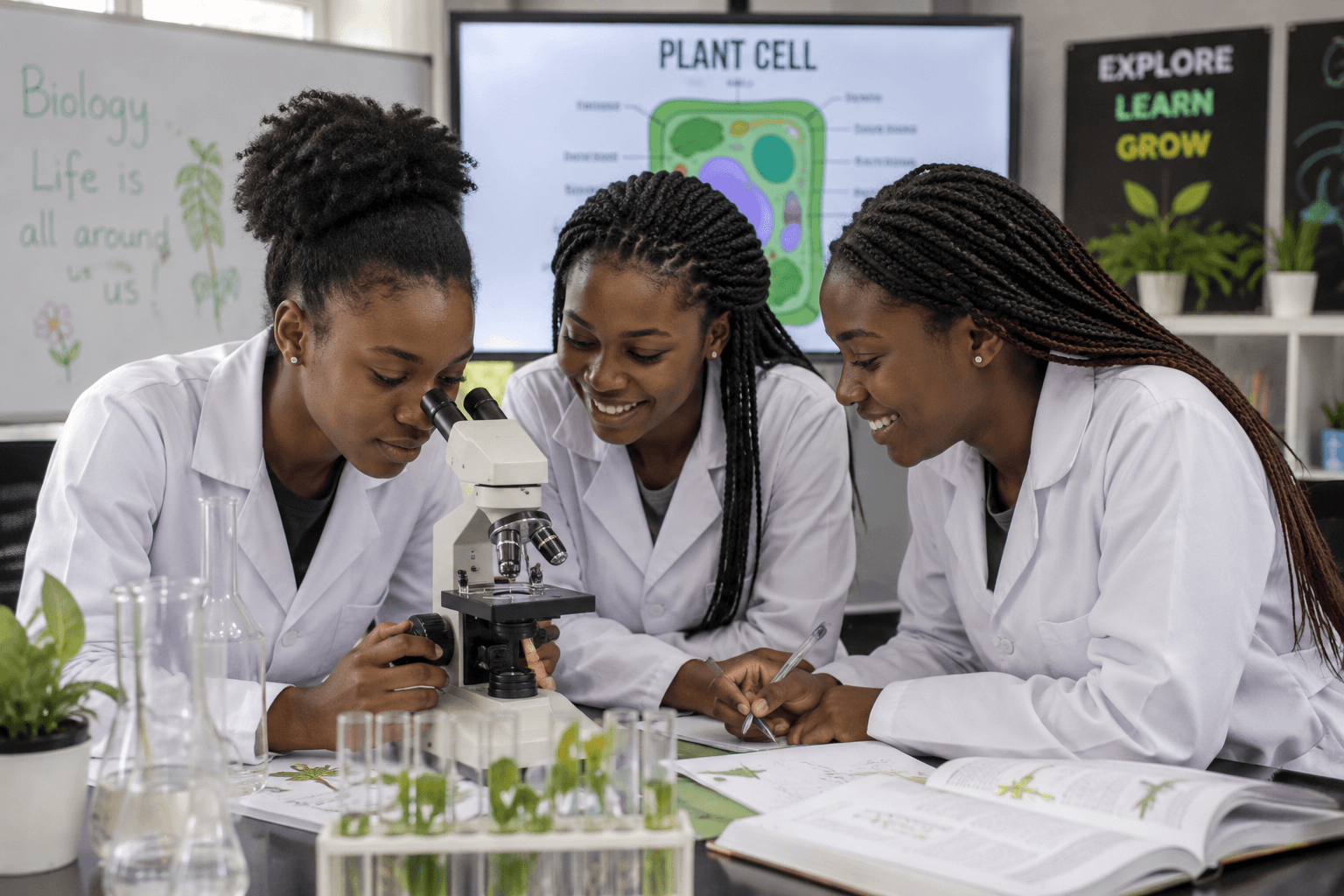 Biology students excitedly working in the laboratory